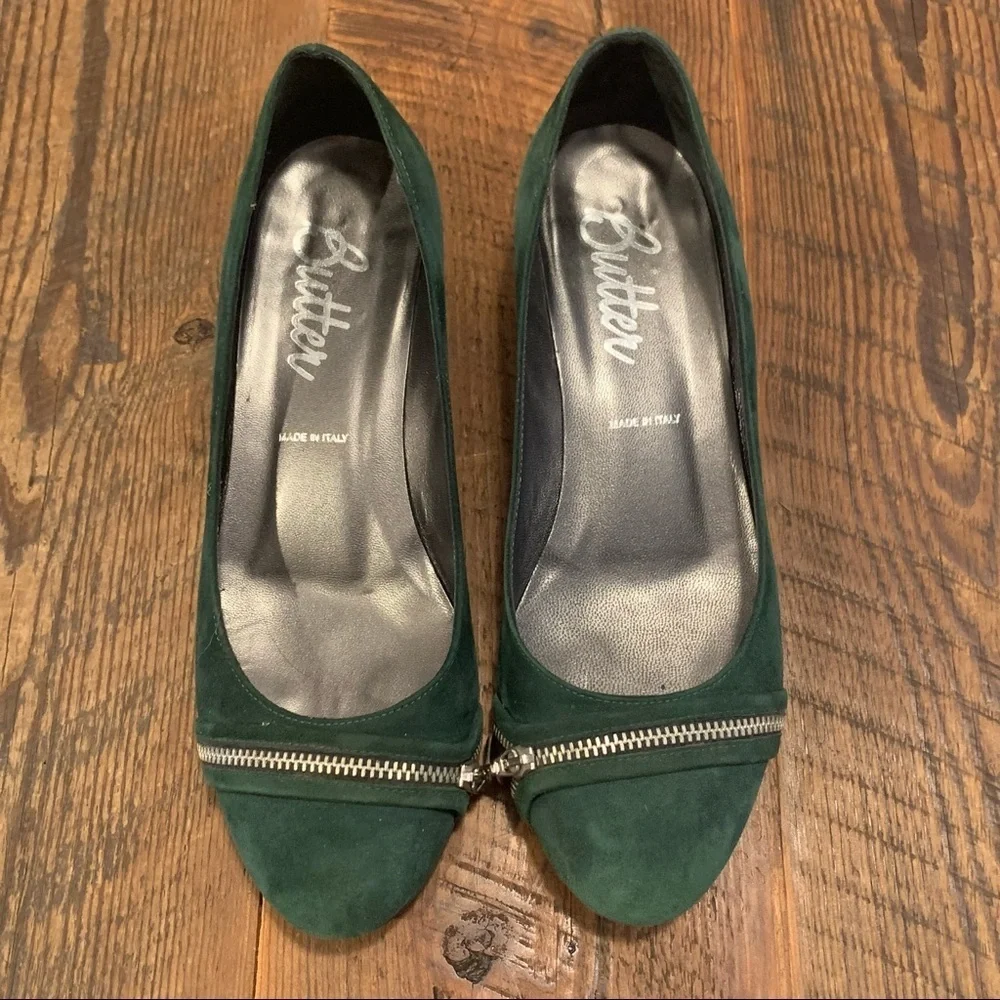 Butter Of Italy Forest Green Suede Ballet Flats Wedge Italian Suede Zipper